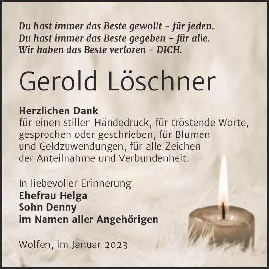 Traueranzeige von Gerold Löschner von Trauerkombi Bitterfeld