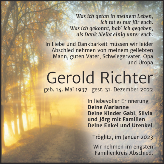 Traueranzeige von Gerold Richter von Trauerkombi Zeitz