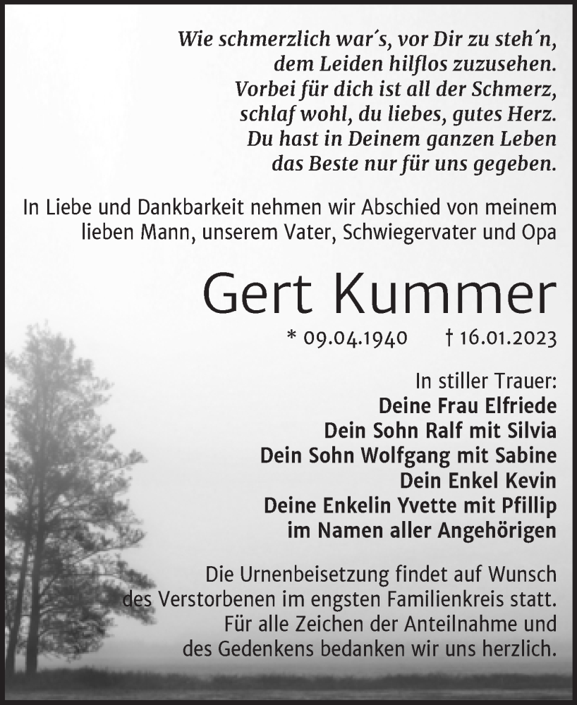  Traueranzeige für Gert Kummer vom 25.01.2023 aus Wochenspiegel Naumburg/Nebra