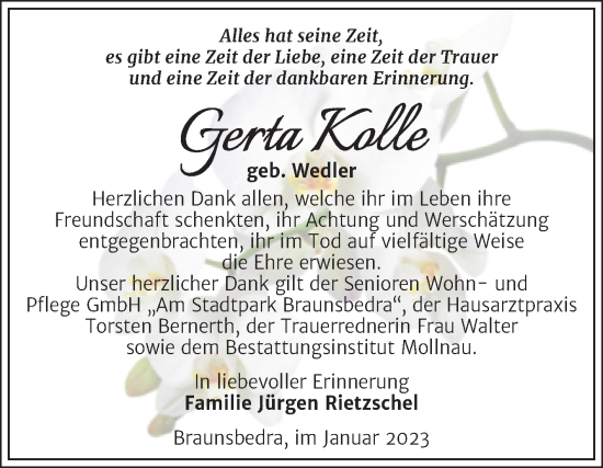 Traueranzeige von Gerta Kolle von Trauerkombi Merseburg