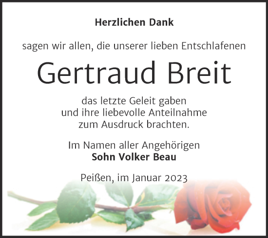 Traueranzeige von Gertraud Breit von Trauerkombi Bernburg