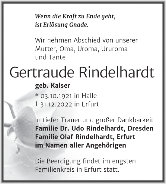 Traueranzeige von Gertraude Rindelhardt von Naumburger Tageblatt