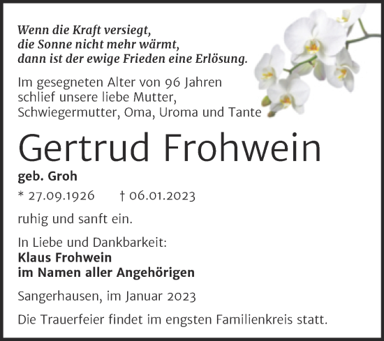 Traueranzeige von Gertrud Frohwein von Wochenspiegel Naumburg/Nebra