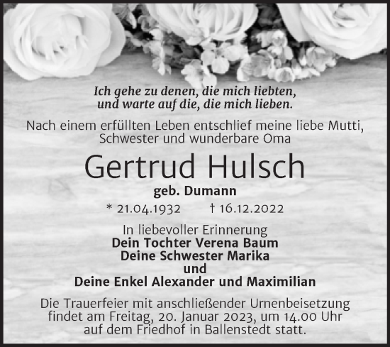 Traueranzeige von Gertrud Hulsch von Trauerkombi Quedlinburg