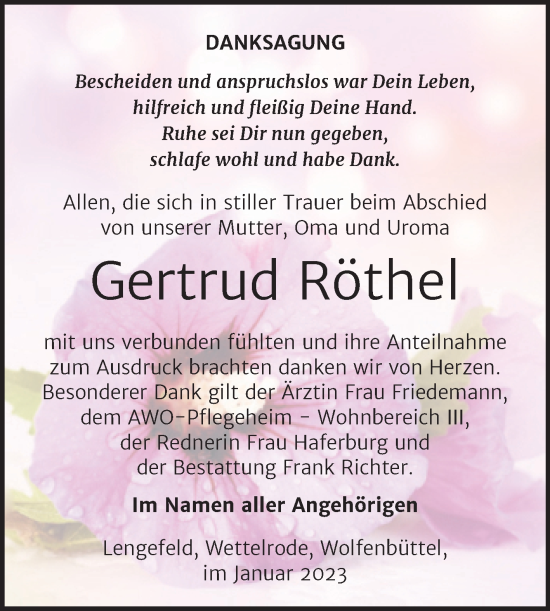 Traueranzeige von Gertrud Röthel von Super Sonntag Sangerhausen