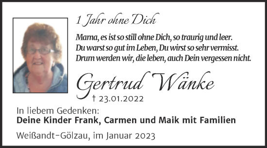 Traueranzeige von Gertrud Wänke von Trauerkombi Köthen