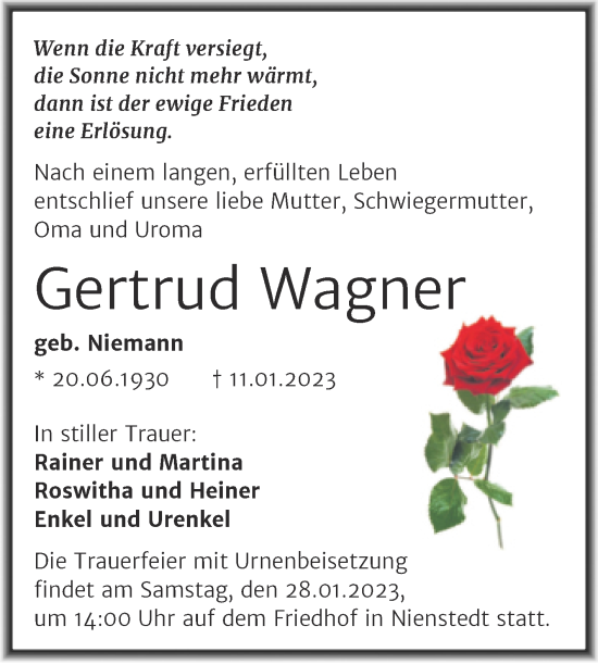 Traueranzeige von Gertrud Wagner von Trauerkombi Sangerhausen