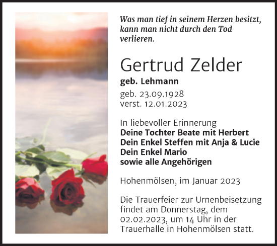 Traueranzeige von Gertrud Zelder von Trauerkombi Weißenfels