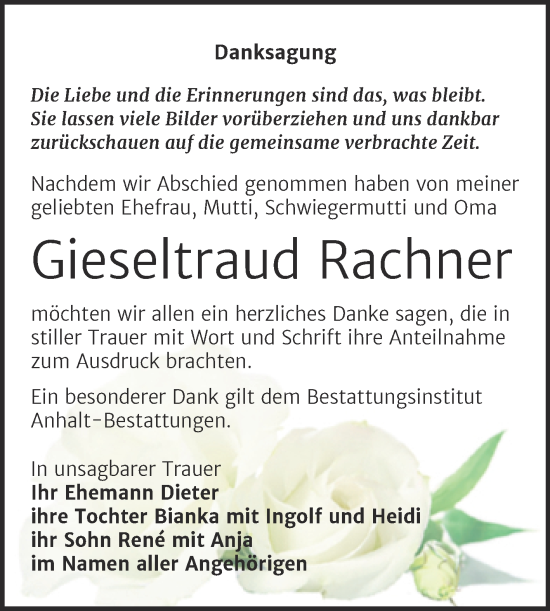 Traueranzeige von Gieseltraud Rachner von Trauerkombi Bitterfeld