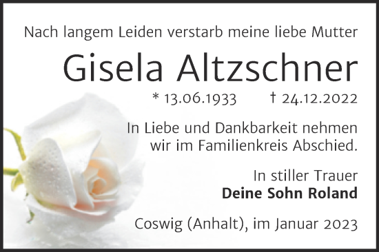 Traueranzeige von Gisela Altzschner von Trauerkombi Wittenberg