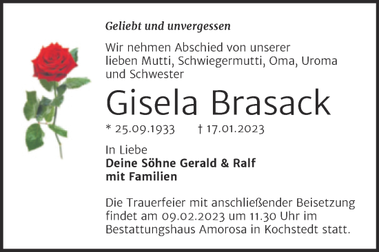 Traueranzeige von Gisela Brasack von Trauerkombi Dessau