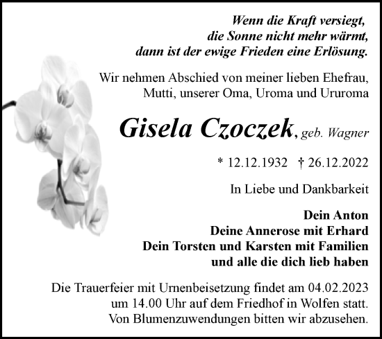 Traueranzeige von Gisela Czoczek von Trauerkombi Bitterfeld
