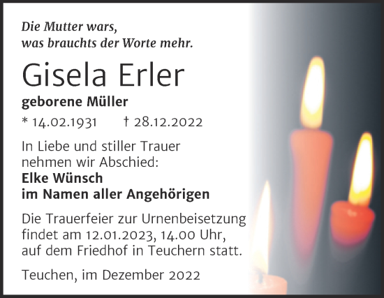 Traueranzeige von Gisela Erler von Trauerkombi Weißenfels