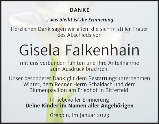 Traueranzeige von Gisela Falkenhain von Trauerkombi Bitterfeld