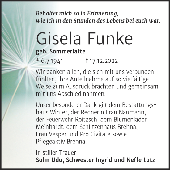 Traueranzeige von Gisela Funke von Trauerkombi Bitterfeld