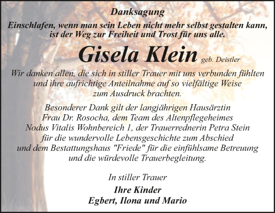 Traueranzeige von Gisela Klein von Trauerkombi Dessau