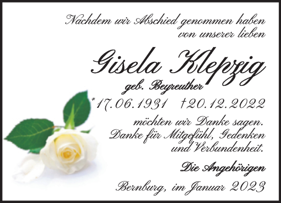 Traueranzeige von Gisela Klepzig von Trauerkombi Bernburg