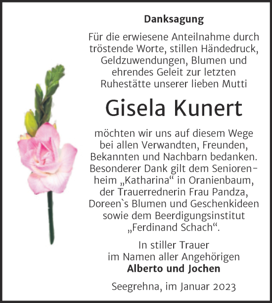 Traueranzeige von Gisela Kunert von Trauerkombi Wittenberg