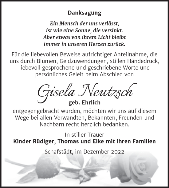 Traueranzeige von Gisela Neutzsch von Trauerkombi Merseburg