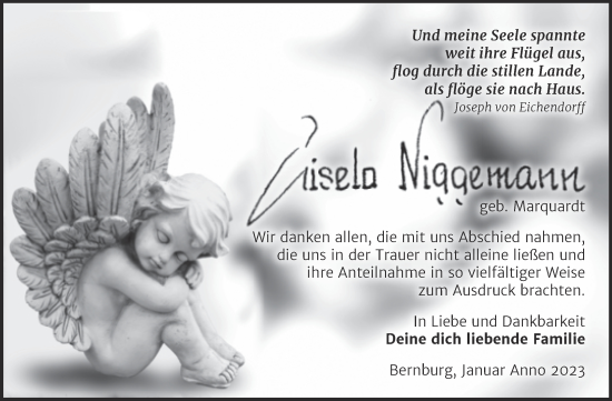 Traueranzeige von Gisela Niggemann von Trauerkombi Bernburg