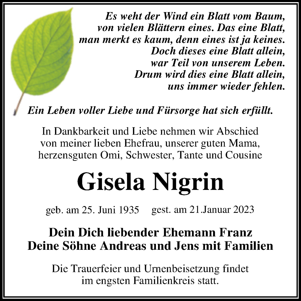  Traueranzeige für Gisela Nigrin vom 28.01.2023 aus Trauerkombi Dessau