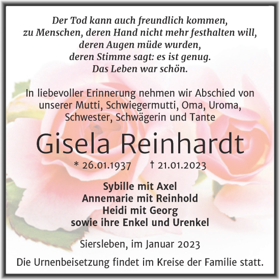 Traueranzeige von Gisela Reinhardt von Trauerkombi Mansfelder Land