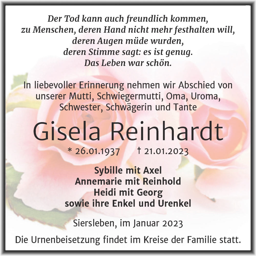  Traueranzeige für Gisela Reinhardt vom 28.01.2023 aus Trauerkombi Mansfelder Land