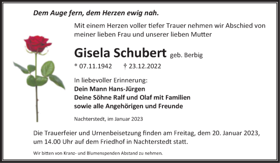 Traueranzeige von Gisela Schubert von Trauerkombi Aschersleben