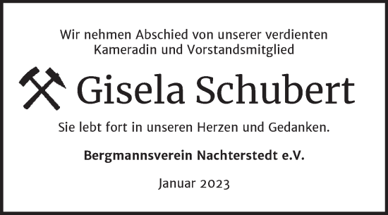 Traueranzeige von Gisela Schubert von Trauerkombi Aschersleben