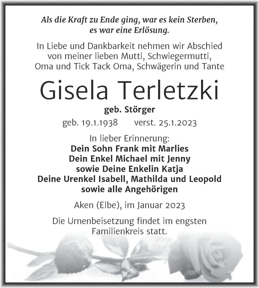  Traueranzeige für Gisela Terletzki vom 28.01.2023 aus Trauerkombi Köthen