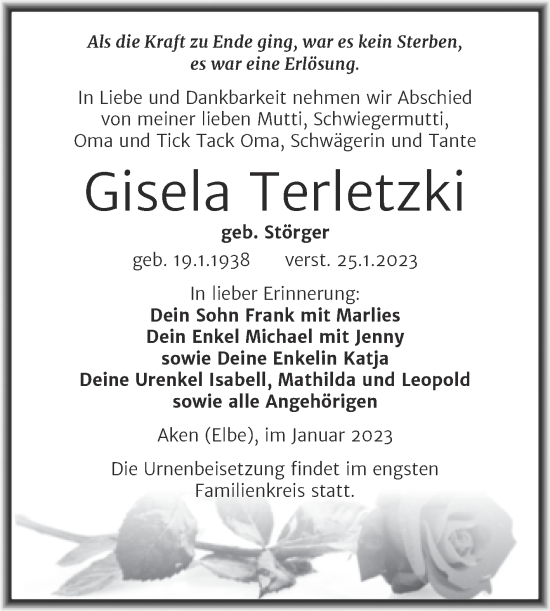 Traueranzeige von Gisela Terletzki von Trauerkombi Köthen
