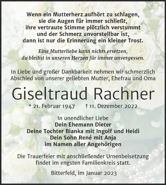 Traueranzeige von Giseltraud Rachner von Trauerkombi Bitterfeld