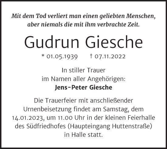 Traueranzeige von Gudrun Giesche von Mitteldeutsche Zeitung Halle/Saalkreis
