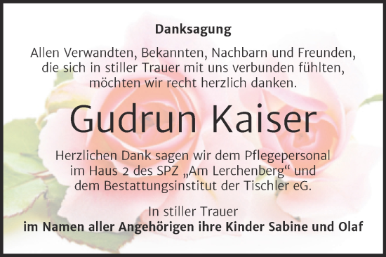 Traueranzeige von Gudrun Kaiser von Trauerkombi Wittenberg