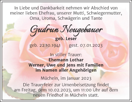 Traueranzeige von Gudrun Neugebauer von Trauerkombi Merseburg