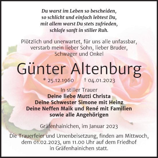 Traueranzeige von Günter Altenburg von Trauerkombi Wittenberg