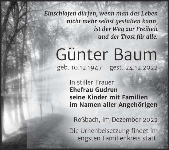 Traueranzeige von Günter Baum von Trauerkombi Merseburg