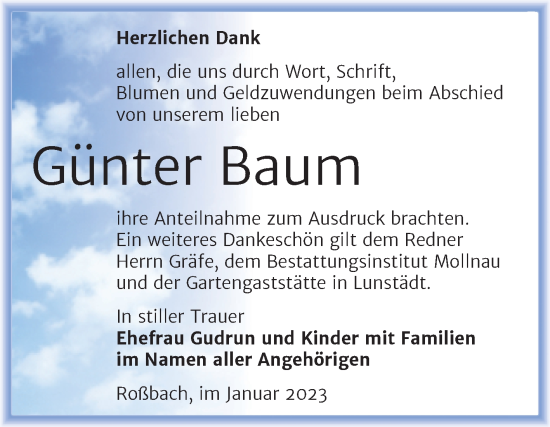 Traueranzeige von Günter Baum von Trauerkombi Merseburg