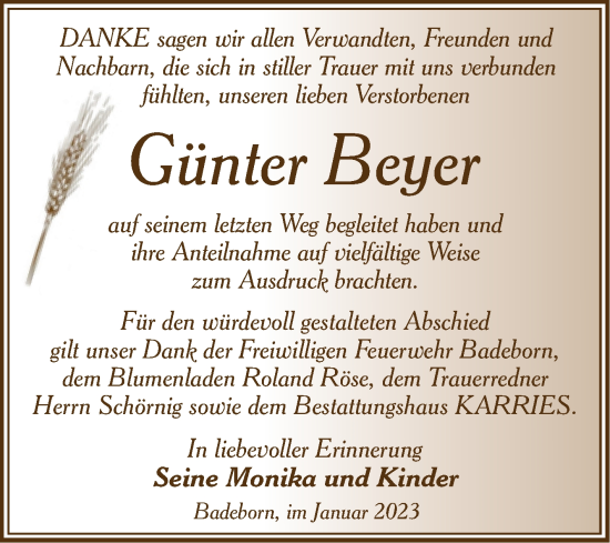 Traueranzeige von Günter Beyer von Trauerkombi Quedlinburg