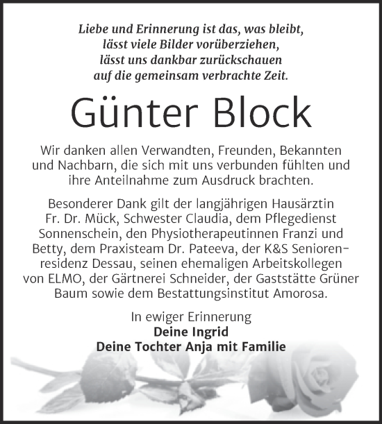 Traueranzeige von Günter Block von Trauerkombi Dessau