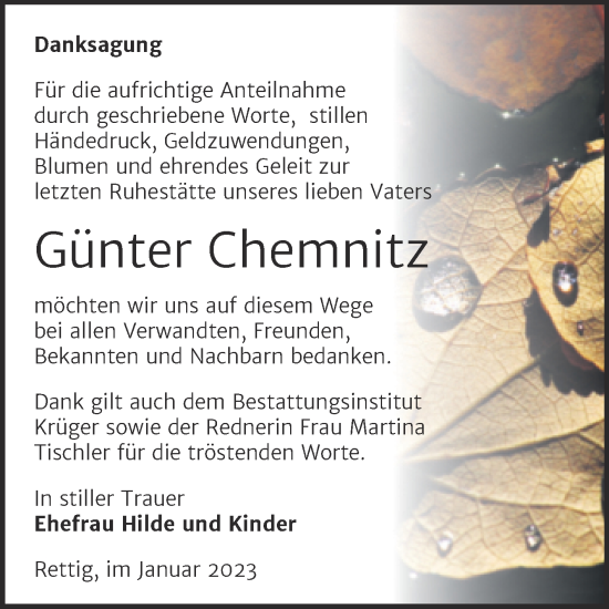 Traueranzeige von Günter Chemnitz von Trauerkombi Wittenberg