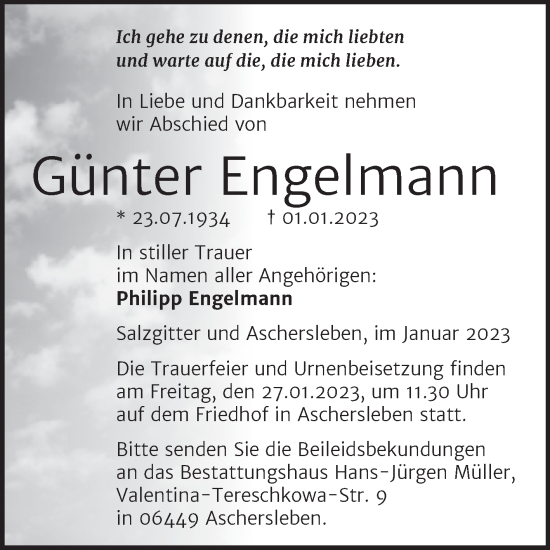 Traueranzeige von Günter Engelmann von Trauerkombi Aschersleben