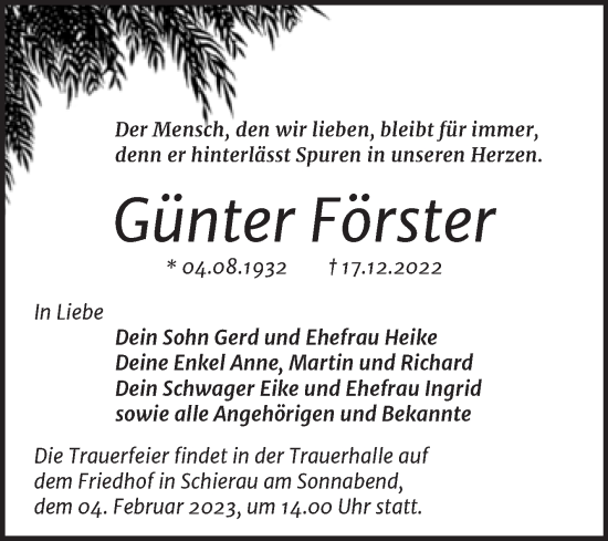 Traueranzeige von Günter Förster von Trauerkombi Dessau