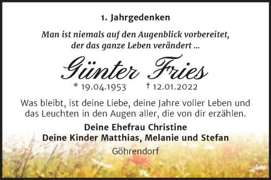 Traueranzeige von Günter Fries von Trauerkombi Merseburg
