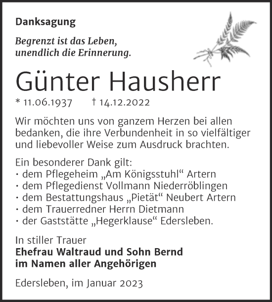 Traueranzeige von Günter Hausherr von Trauerkombi Sangerhausen