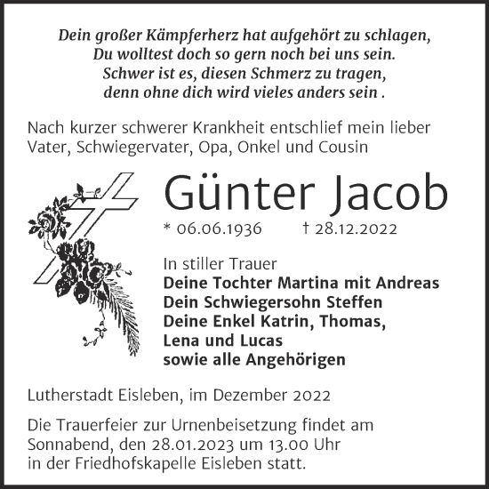 Traueranzeige von Günter Jacob von Trauerkombi Mansfelder Land