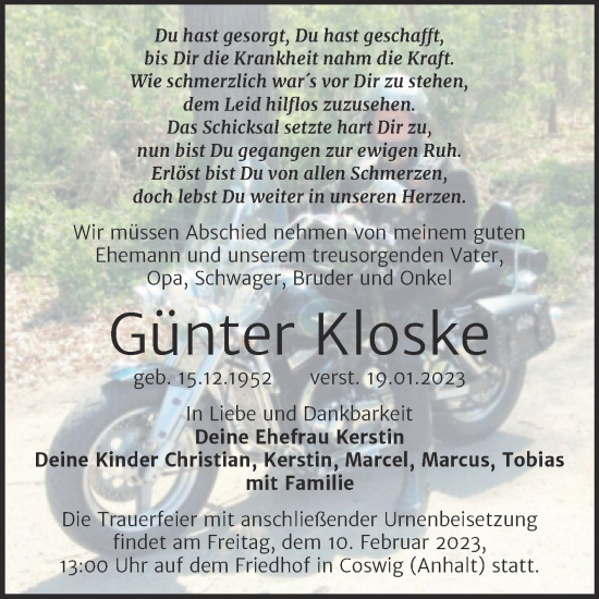 Traueranzeige von Günter Kloske von Trauerkombi Wittenberg
