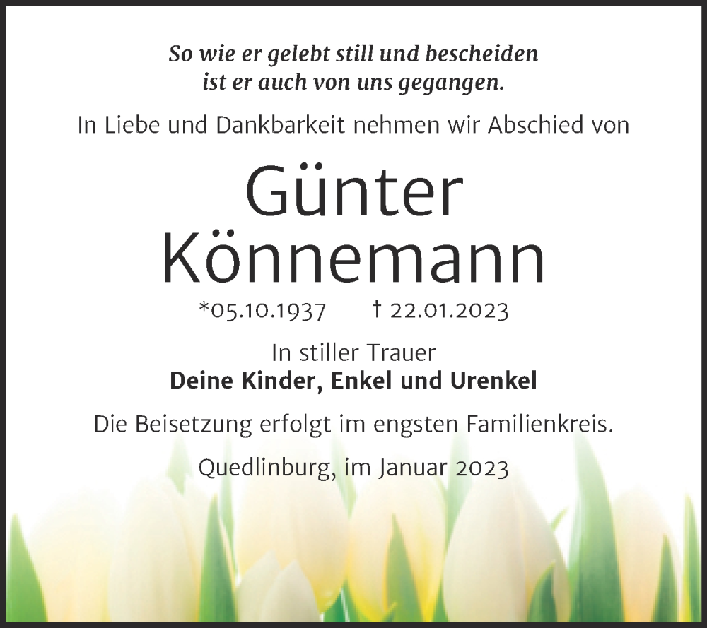  Traueranzeige für Günter Könnemann vom 28.01.2023 aus Trauerkombi Quedlinburg