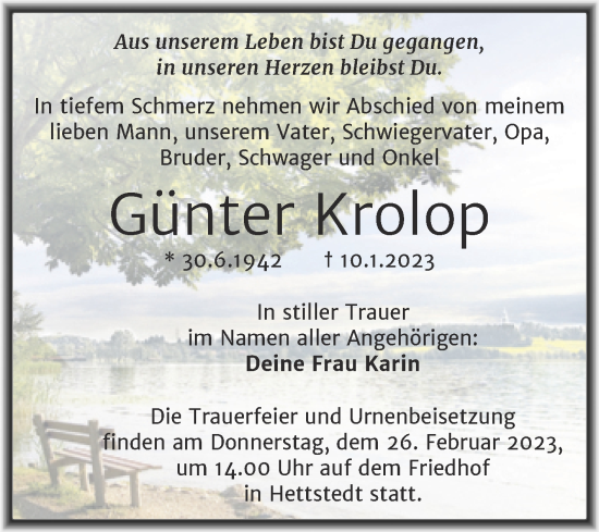 Traueranzeige von Günter Krolop von Trauerkombi Mansfelder Land