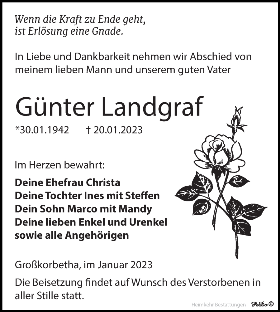  Traueranzeige für Günter Landgraf vom 28.01.2023 aus Trauerkombi Weißenfels